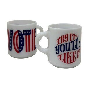 VTG 1970 Milk Glass Mugs 2Pc Patriotic Vote Try It Youll Like It MCM Collectible